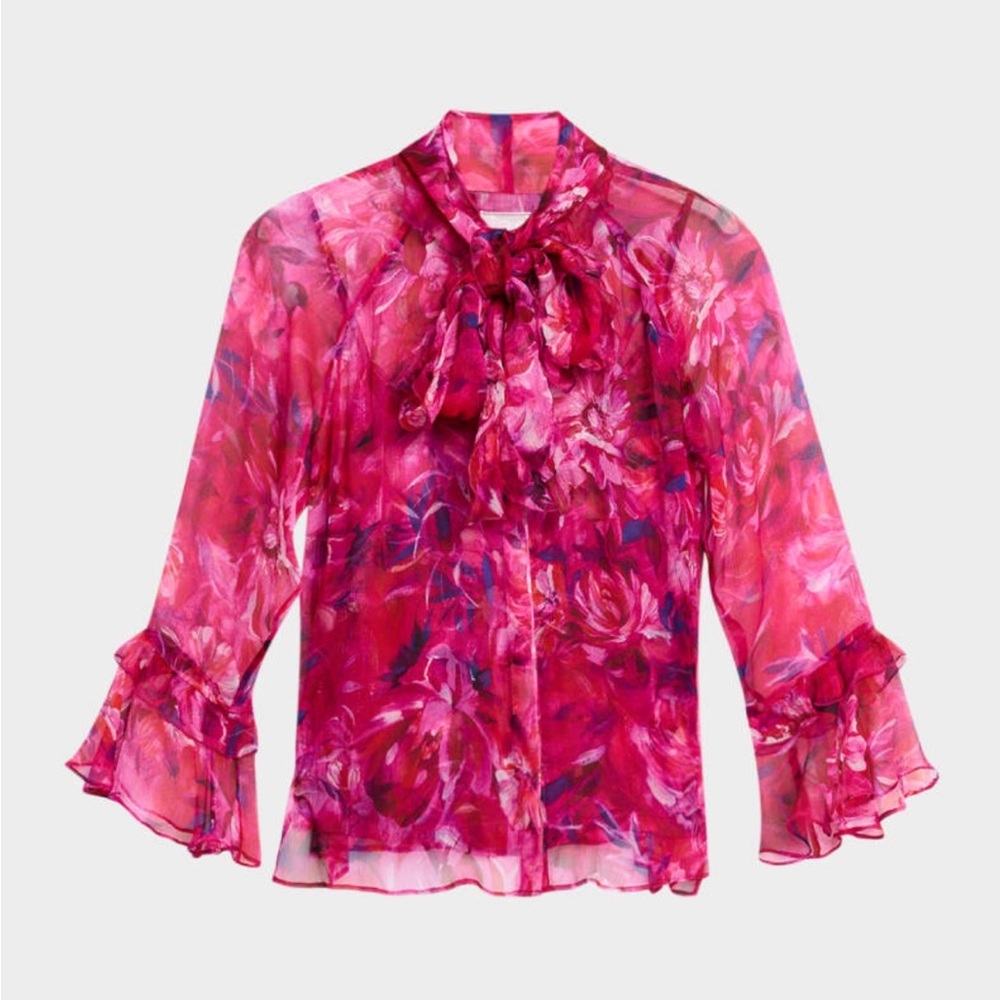 Johnny Was Emerie Tie-Neck Silk Chiffon Blouse